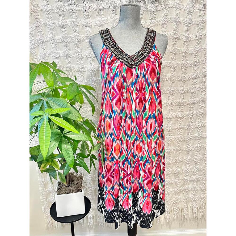 sheath sleeveless dress womens large ikat bold colors vneck jeweled indie hippie